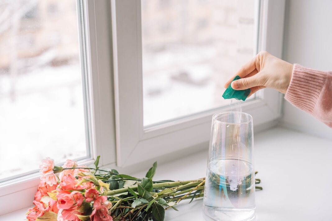 Femme ajoutant de la nourriture pour fleurs au vase avec bouquet sur le rebord de la fenêtre