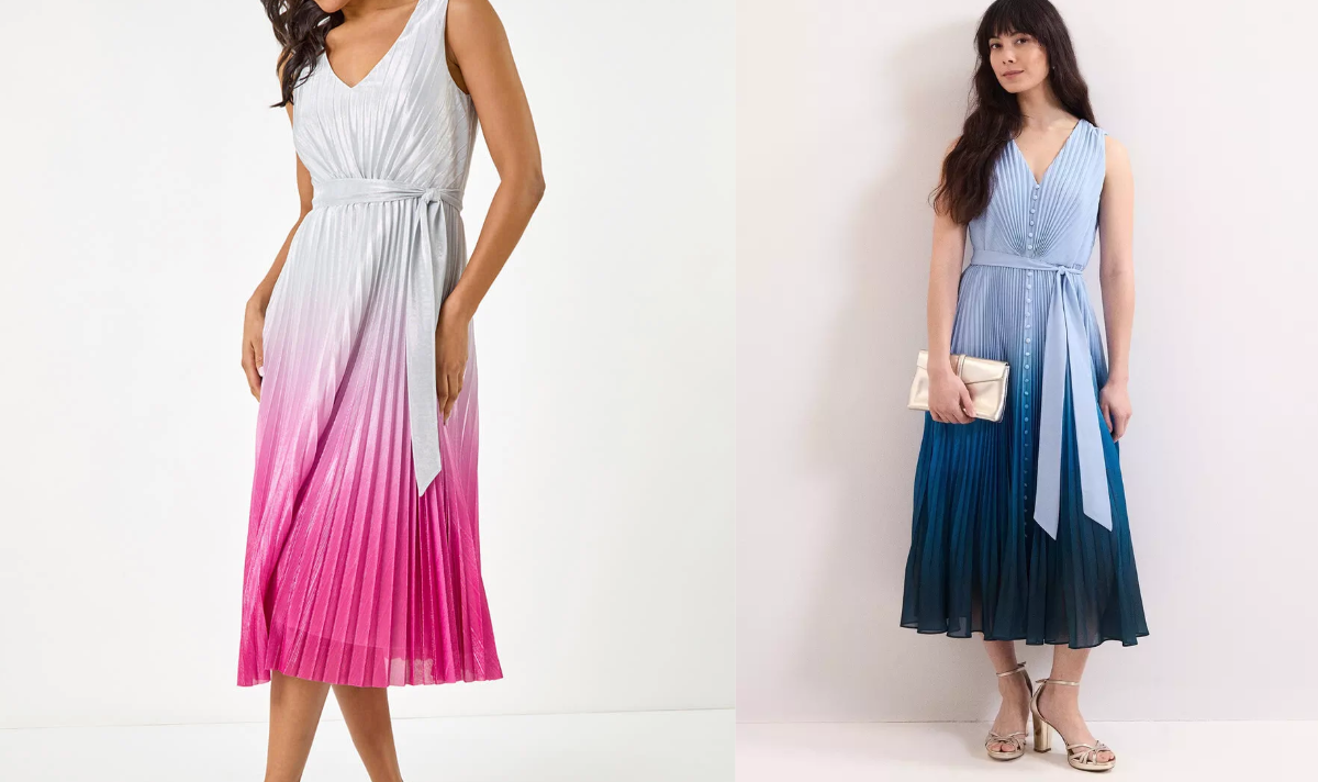 Robe midi plissée rose ombrée de Roman (à gauche)