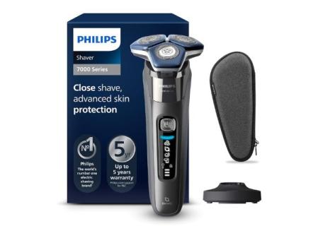 Rasoir électrique Philips Series 7000 pour homme, rasoir à barbe avec tondeuse, 45 lames, pour peaux sensibles, 60 minutes d'utilisation, humide et sec, rechargeable, base de chargement, S7887/35, gris