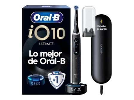 Brosse à dents électrique Oral-B iO 10 noire avec manche rechargeable, 1 tête et 1 étui de chargeur de voyage, 7 modes de brossage, capteur de pression, suivi avec application, conçue par Braun