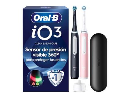 Brosses à dents électriques Oral-B iO 3 (Pack de 2) avec 2 têtes, 1 étui de voyage, conçues par Braun, cadeaux originaux pour femmes et hommes - Noir et rose