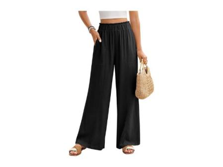 Pantalon d'été en lin à jambes larges pour femme - Pantalon long fluide décontracté - Taille haute - Pantalon élastique avec poches - Confortable - Léger - Pantalon cool d'été