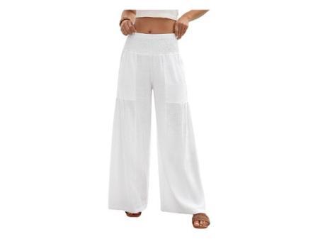 Pantalon d'été pour femme en coton et lin léger, décontracté, large, élastique, taille haute, confortable, ample, long, fluide, avec poches