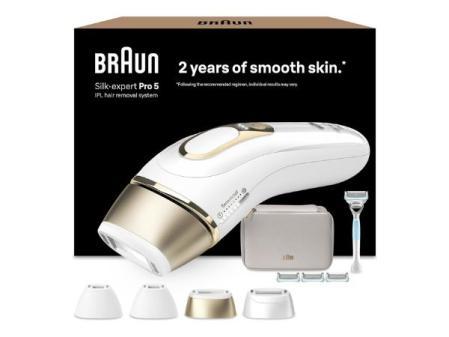 Braun Silk-expert Pro 5 Épilateur à lumière pulsée, PL5358, Blanc/Or - Alternative à l'épilateur laser, IPL avec étui, Rasoir Venus, 4 têtes pour visage et corps, Épilation à domicile
