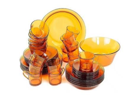 Duralex - Service de table complet en verre trempé 44 pièces : Comprend 1 assiette ronde creuse (28 cm), 1 saladier (23 cm), 6 petits bols (10,5 cm), 6 assiettes creuses (19,5 cm), 6 assiettes à dessert (19 cm), 6 assiettes plates (23,5 cm) et plus