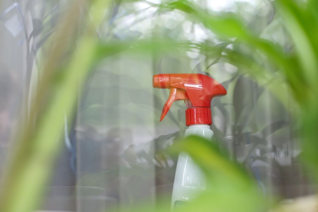 Flacon pulvérisateur rouge pour le jardinage biologique et le nettoyage écologique de la maison caché dans les feuilles vertes.