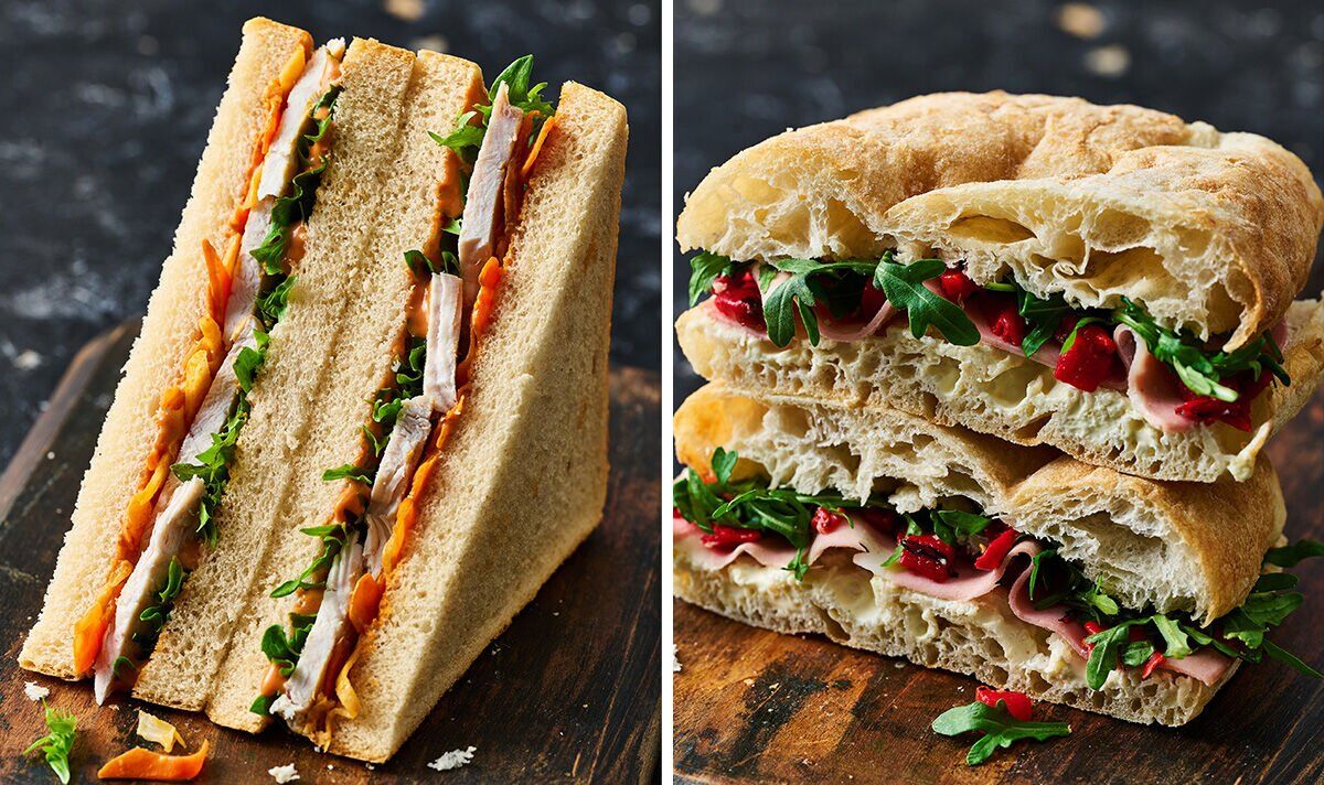 Focaccia à la mortadelle italienne et au mascarpone irrésistible de Co-op et sando au poulet coréen irrésistible