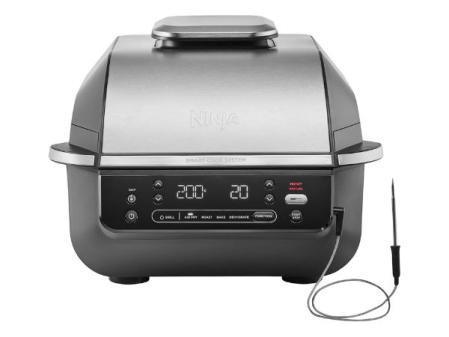 Friteuse et grill à air intérieur Ninja 5 en 1, 5 fonctions de cuisson sans fumée, permet de cuire jusqu'à 4 hamburgers, capacité de 5,7 L, comprend un thermomètre à viande numérique, noir/argent, EG351EU
