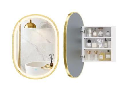 Armoire de salle de bain avec miroir et lumières LED 3 couleurs, armoire murale ovale avec mémoire et fonction antibuée, doré