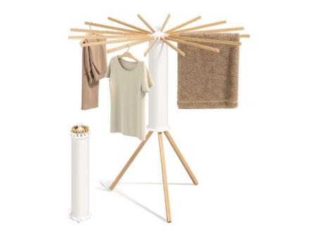 SONGMICS Corde à linge verticale, pliable et portable, peu encombrante, rotative, extensible, pour buanderie et balcon, 16 bras en bois, naturel LLR530YW01