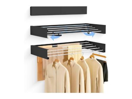 JUPPLIES Corde à linge murale pliante rétractable 120 cm - Cordes à linge murales pliantes pour intérieur ou extérieur - Économisez de l'espace avec un design compact d'une capacité de 30 kg (Noir, 120 cm)