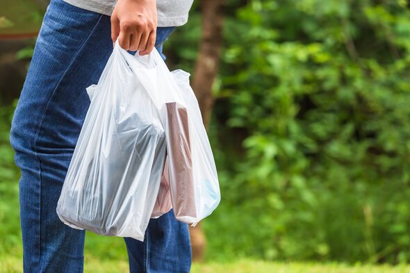 Une femme tient les sacs en plastique et marche dans la rue du parc Une femme tient les sacs en plastique et marche dans la rue du parc