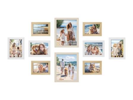 SONGMICS Cadres Photo, Lot de 10, Deux 20 x 25 cm, Quatre 13 x 18 cm, Quatre 10 x 15 cm, PS et MDF, Protection Plastique, Chêne Naturel, Blanc Nuage, Beige Naturel