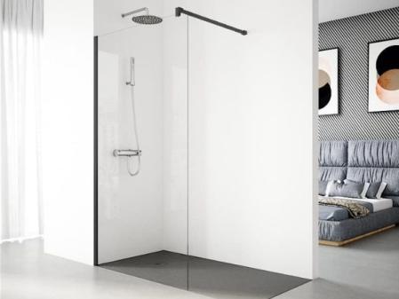 Paroi de Douche Fixe modèle SERIE 100 de 90x195 cm - Verre Trempé, Anticalcaire, Transparent et Réversible avec 1 Feuille de 6 mm - Colonne de Douche avec Barre Stabilisatrice et Profil Noir - REALSHOWER