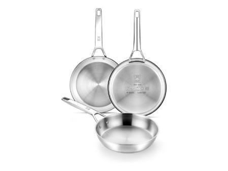 Signature du soutien-gorge | Lot de 3 poêles 20-24-26, professionnelles en acier inoxydable 18/10 sans antiadhésif, fond triple diffuseur adaptées à tous types de feux et induction, finition polie