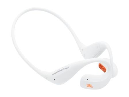 Casque de sport JBL Endurance Pace, Bluetooth, 10 heures d'autonomie, tour de cou en titane avec mémoire, protection IP68 contre l'eau et la poussière, technologie JBL OpenSound, blanc
