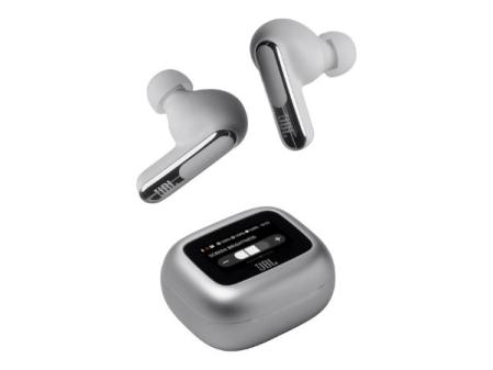 JBL Live Beam 3 Écouteurs sans fil avec coussinets, véritable sans fil avec suppression adaptative du bruit, jusqu'à 48 heures de lecture, Bluetooth, audio haute résolution, argent
